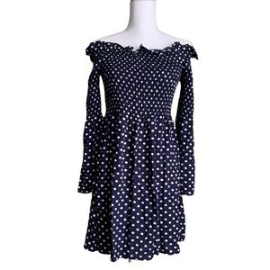 Audrey 3+1 White & Blue Polka Dot Ruffle Off Shoulder Dress Size Medium